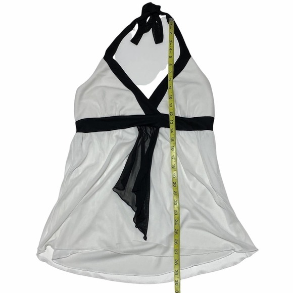 STUDIO Y White & Black Sleeveless Surplice V-Neck Tie Waist Halter Top - Picture 6 of 10